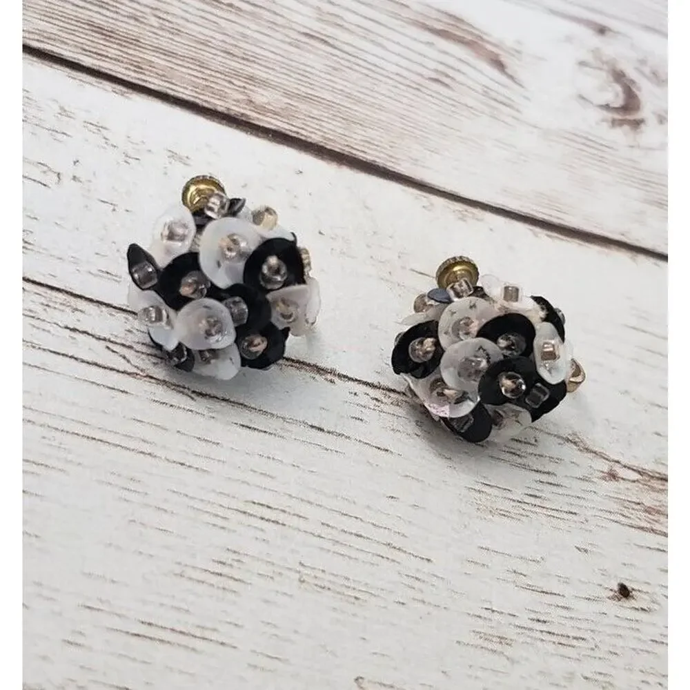 Vintage Screw Back Earrings Black & White Sequin Cluster Just Over 0.5
